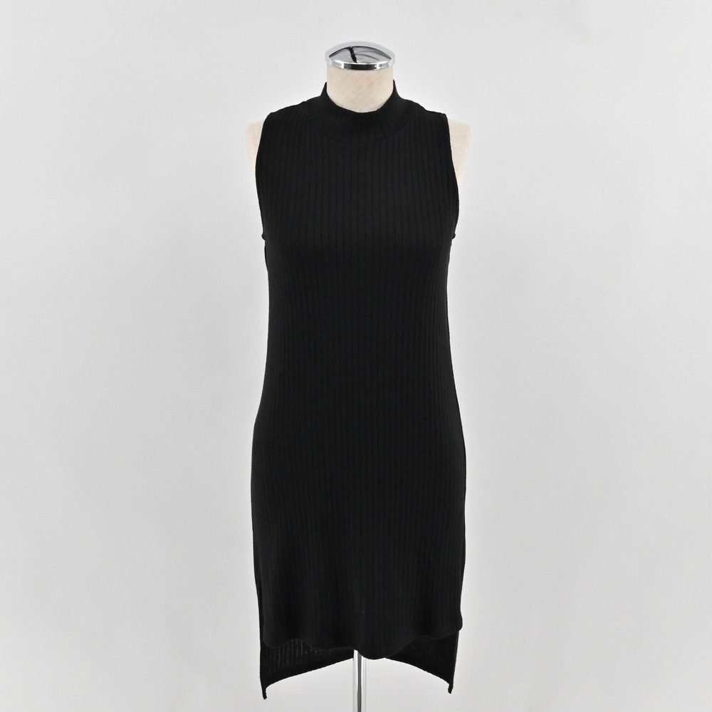 AQUA‎ Mock Neck Ribbed Knit Sheath Dress Womens Size S Black Sleeveless LBD 6766